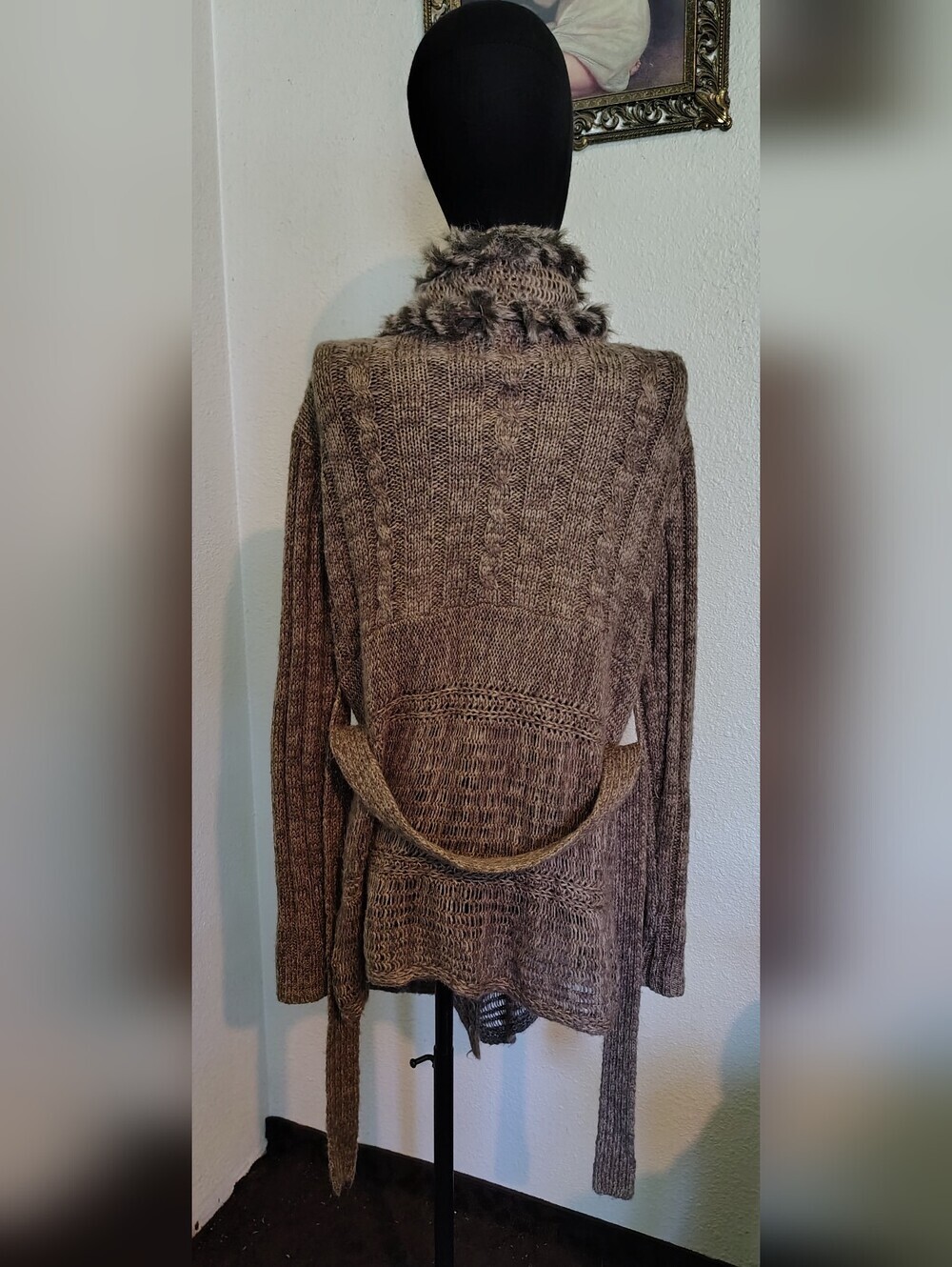 RXB Brown Wool Blend Faux-Fur Trim Belted Boho Cardigan Sweater Women Teen Large - Picture 7 of 13